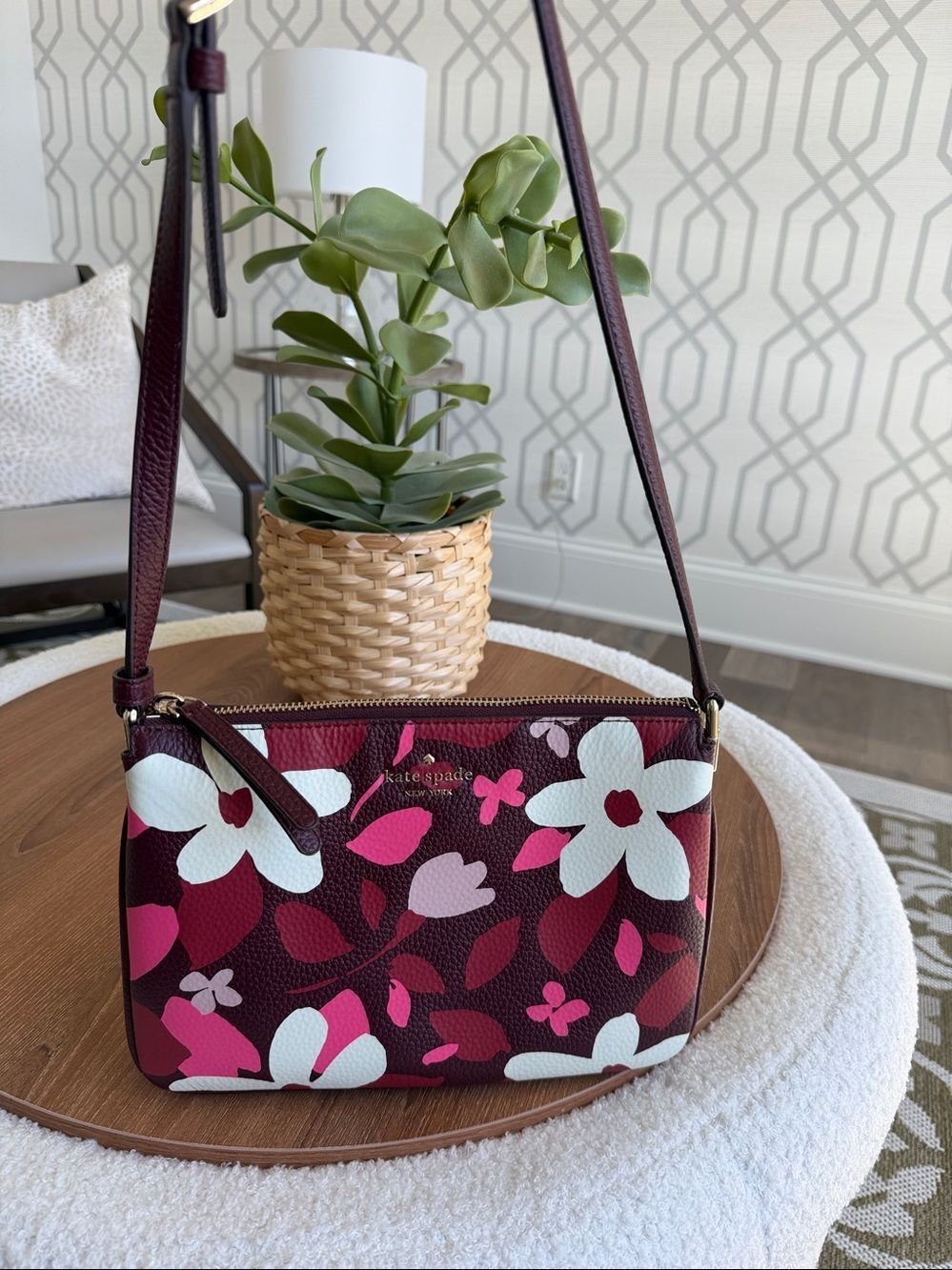 Kate Spade Floral Crossbody Purse Pink Burgundy Leather Like New